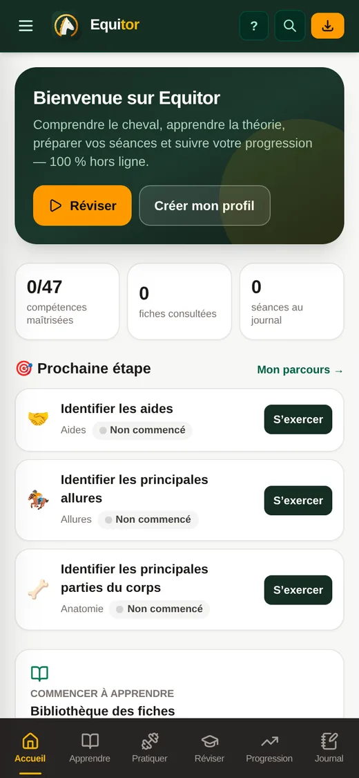 Capture de l’écran d’accueil : prochaine étape du parcours, compétences recommandées et accès aux révisions.
