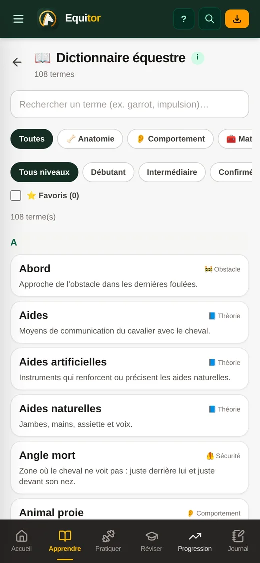 Dictionnaire équestre : recherche, filtres par catégorie et par niveau, liste des termes.