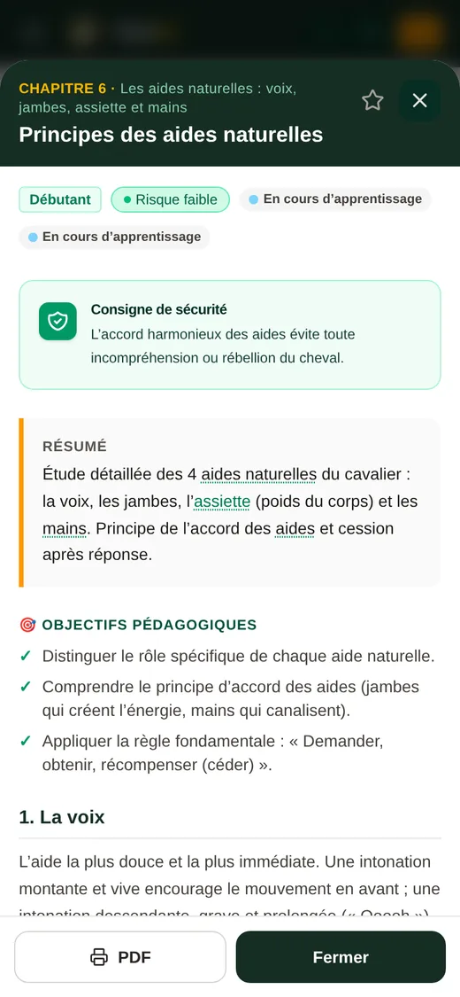 Fiche « Principes des aides naturelles » : niveau, consigne de sécurité, résumé et objectifs pédagogiques.