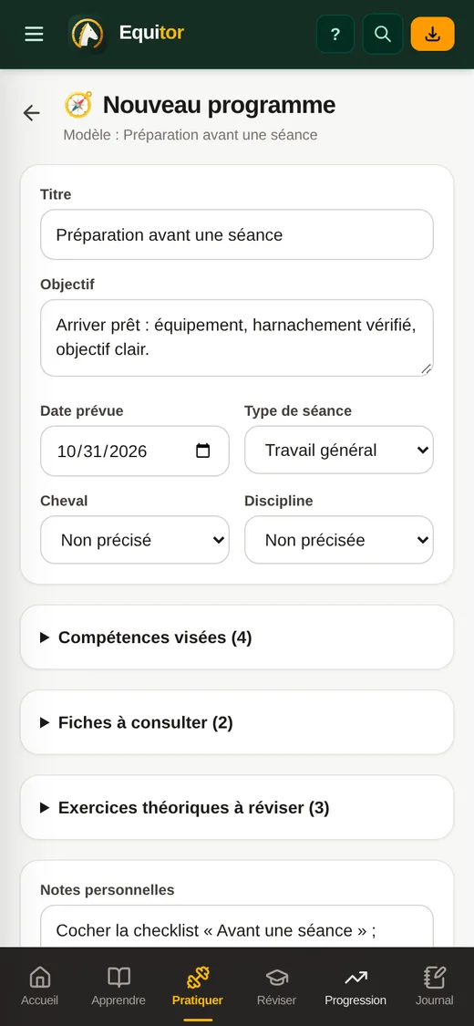 Capture du formulaire « Nouveau programme » rempli à partir du modèle « Préparation avant une séance ».
