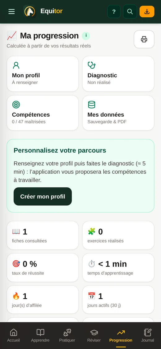 Écran « Ma progression » : profil, diagnostic, compétences, données et premières statistiques.