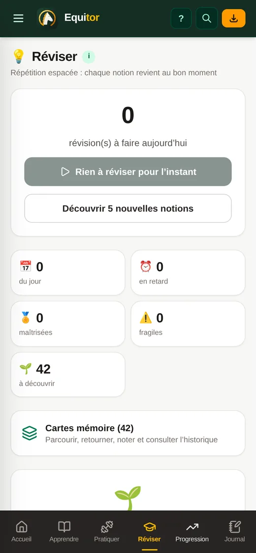 Écran « Réviser » : révisions du jour, notions à découvrir et cartes mémoire.